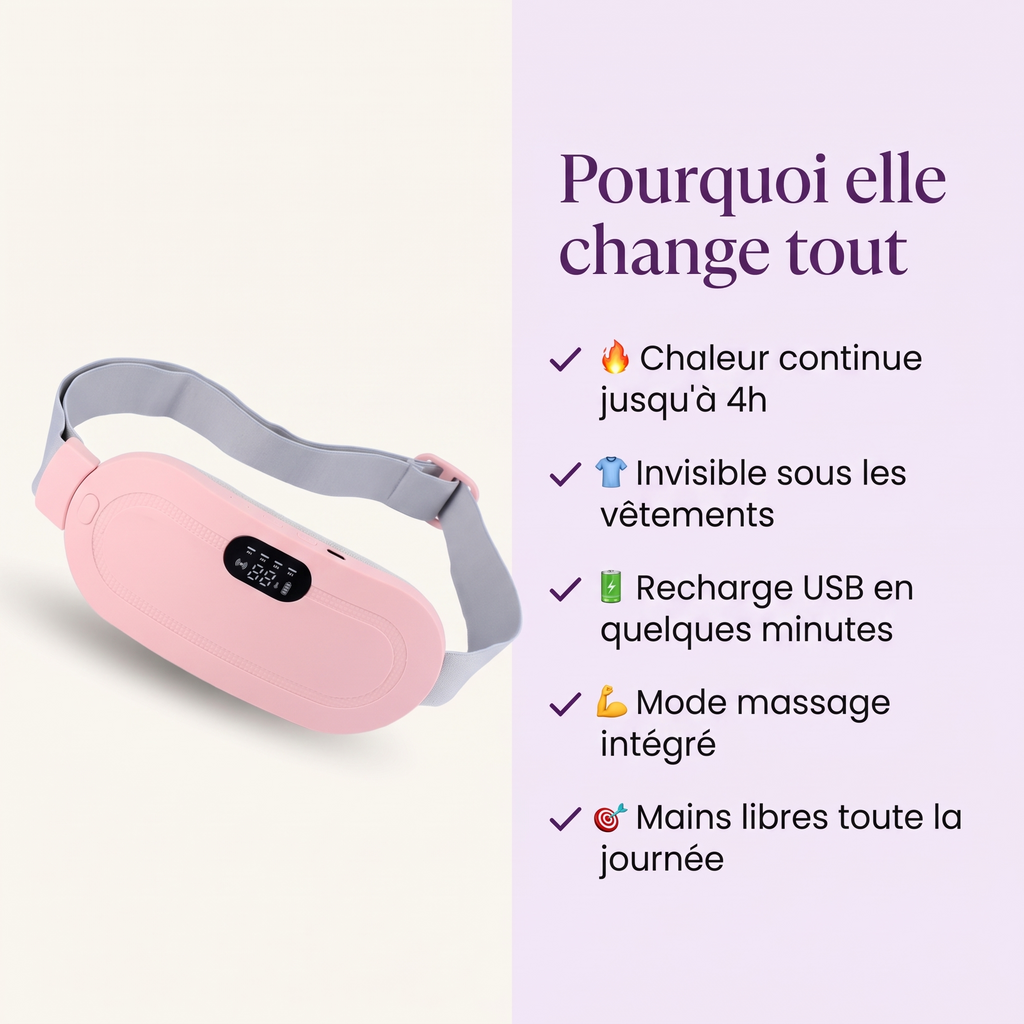 Bénéfices de la ceinture chauffante Jourelle : chaleur continue, discrète, recharge rapide