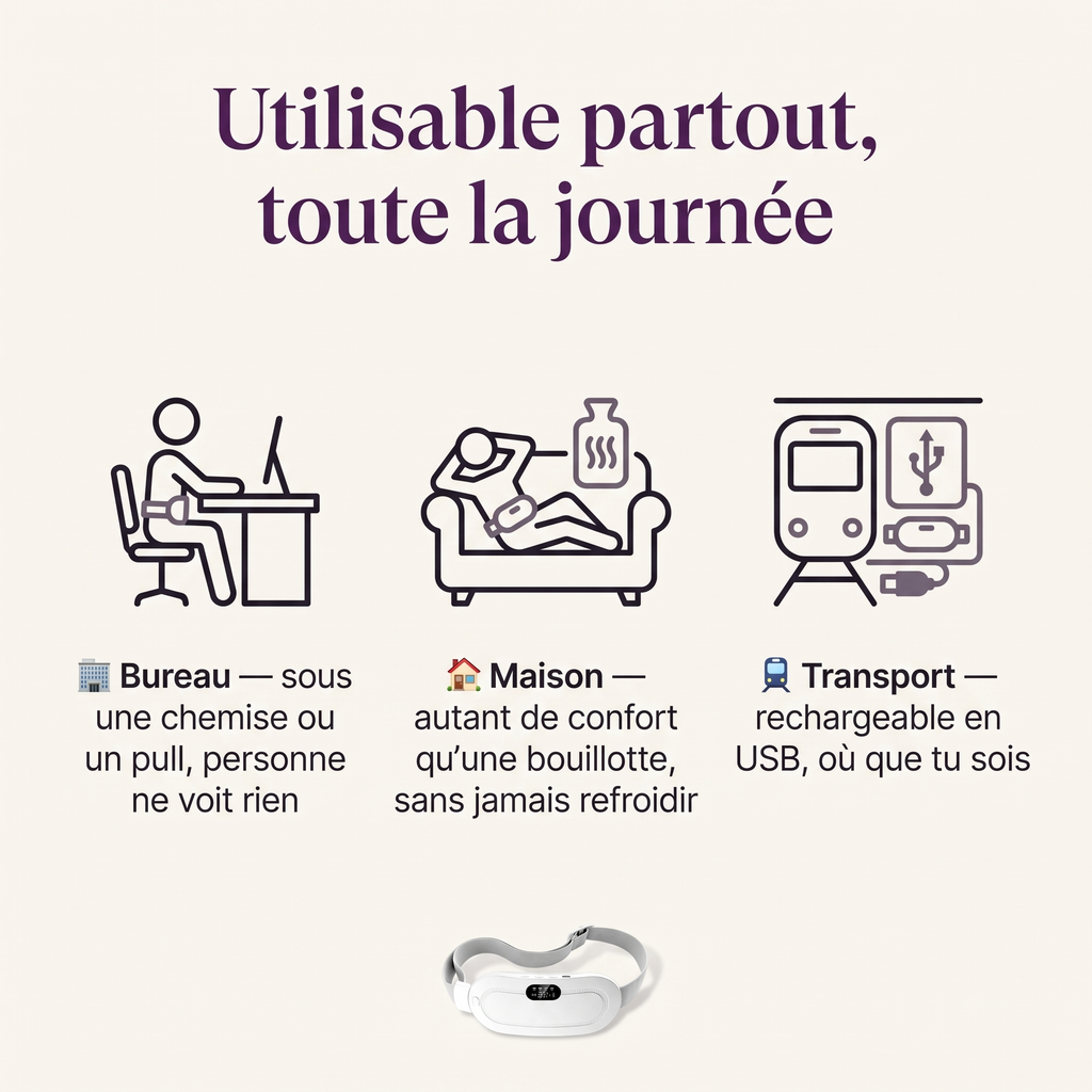 Ceinture chauffante Jourelle utilisable partout : bureau, maison, transport