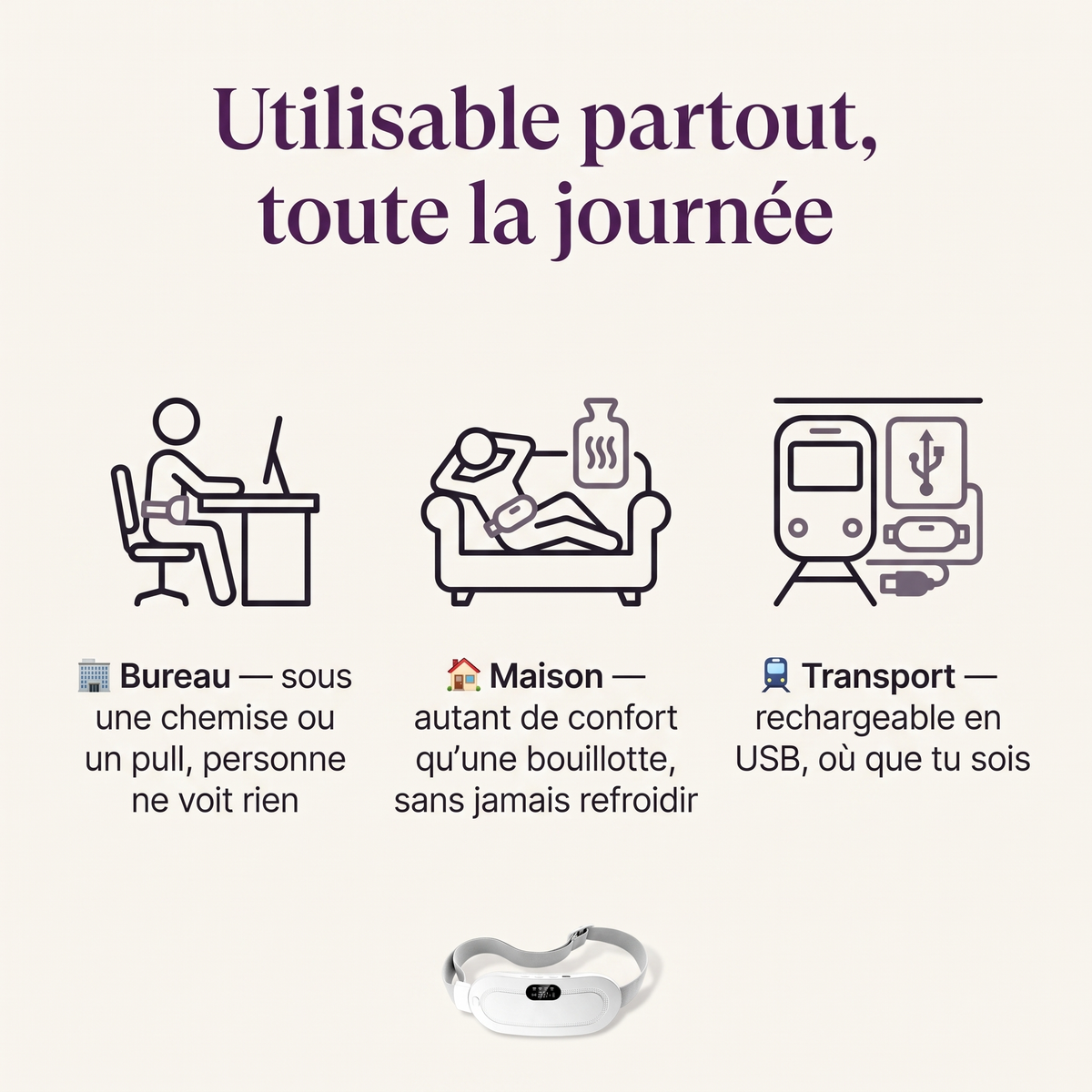 Ceinture chauffante Jourelle utilisable partout : bureau, maison, transport