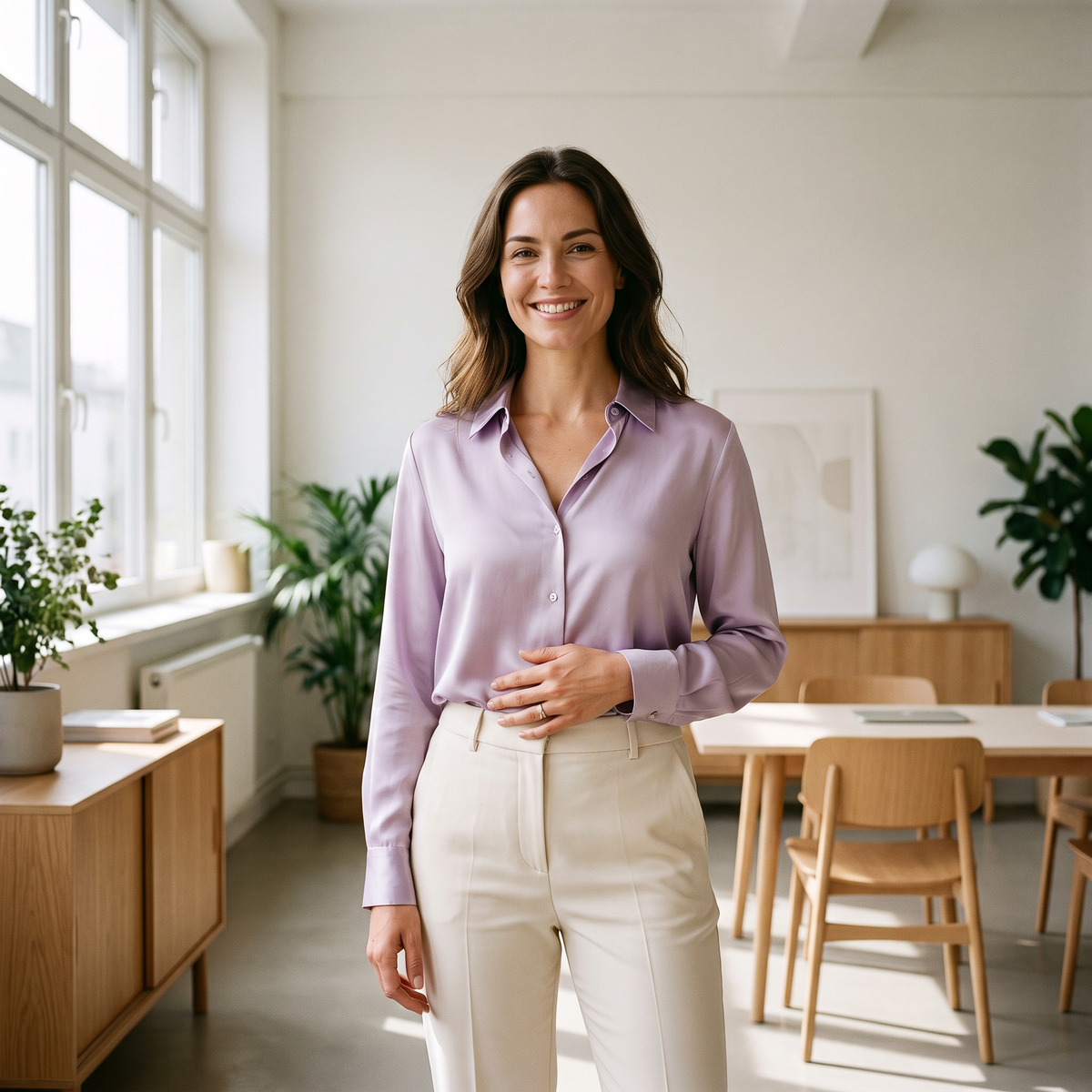 Femme active portant discrètement la ceinture chauffante Jourelle au bureau